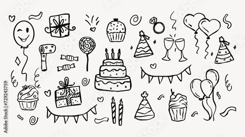 Happy birthday doodles hand drawn. Celebration, balloon, gifts, ribbon. 