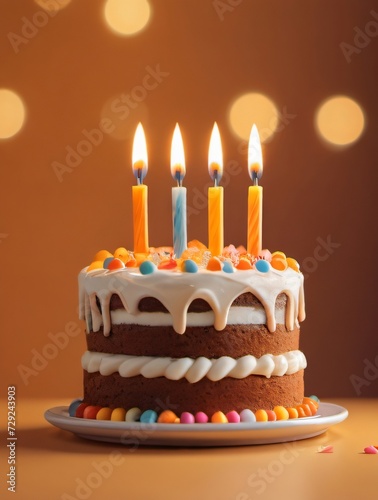 Photo Of Birthday Cake With Candles On Soft Orange Background With, Illustration Banner