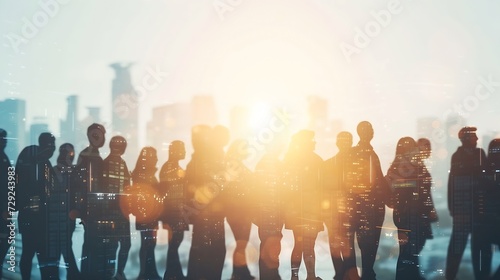 Abstract image of many business people together in group on background of city view with office building showing partnership success of business deal. Concept of employee teamwork, tru : Generative AI photo