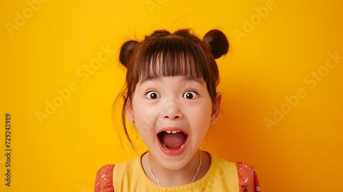 Portrait of happy excited amazed open mouth kid child girl look in copyspace isolated on yellow color background : Generative AI photo