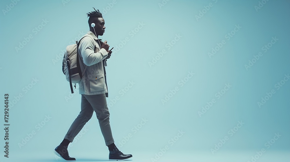 Full length side portrait travel man walking with cellphone and earphones : Generative AI Full length side portrait travel man walking with cellphone and earphones : Generative AI