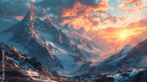 Expansive glaciers, fiery horizon, snow-capped mountains, fading daylight, hyper-realistic portrayal Generative AI