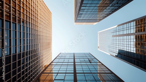 Low angle view of modern office buildings in the financial area of Poblenou in the city of Barcelona in Catalonia in Spain : Generative AI photo