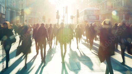 London, UK. Crowd of people walking at work in early morning. Concept wide background with space for text. Multiple exposure image : Generative AI photo