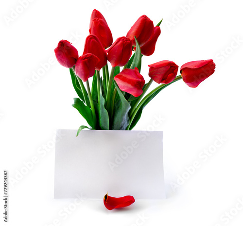 Bouquet red tulips flowers in vase with white paper card note with space for text on a white background