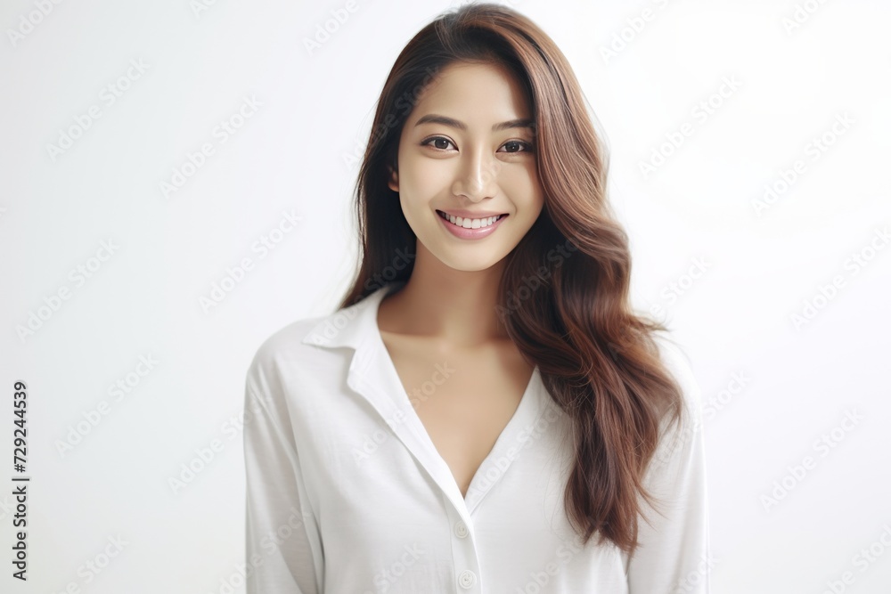 Young Asian woman in serene smile, wearing white relax pajamas against a plain white background. Generative AI. Young Asian woman in serene smile, wearing white relax pajamas against a plain white background. Generative AI.