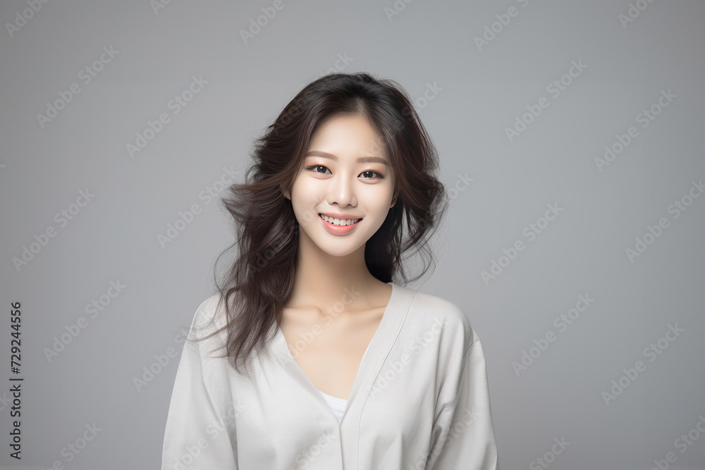 Young Asian woman in serene smile, wearing white relax pajamas against a plain white background. Generative AI. Young Asian woman in serene smile, wearing white relax pajamas against a plain white background. Generative AI.