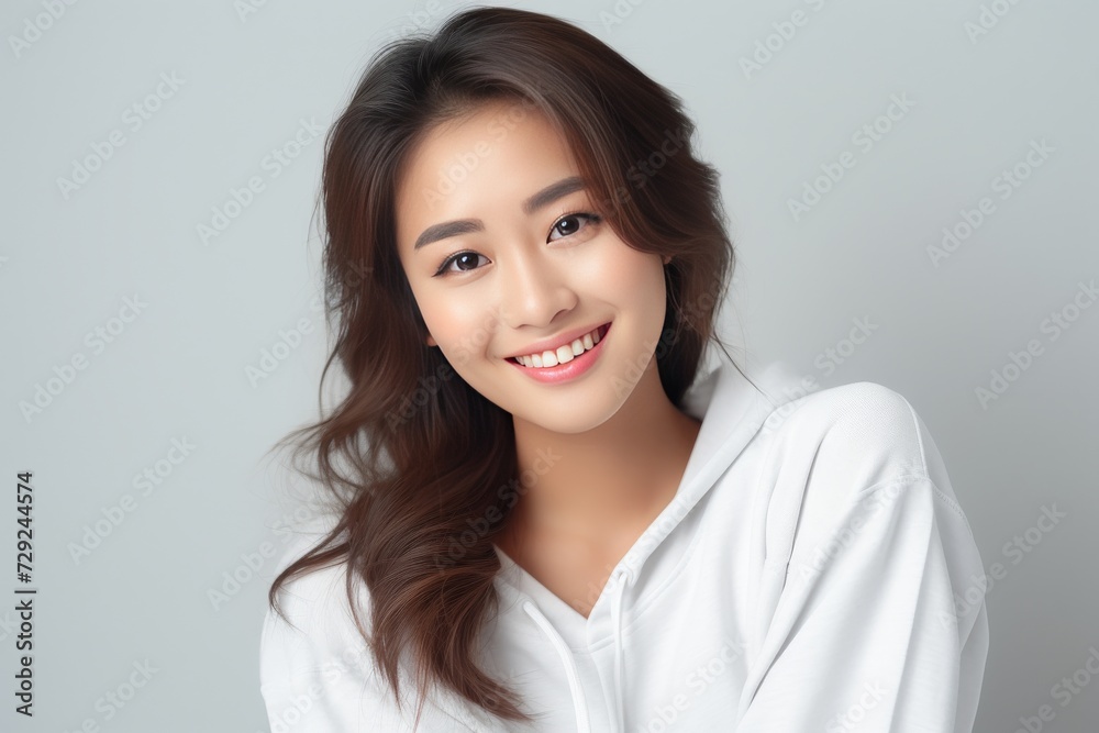 Young Asian woman in serene smile, wearing white relax pajamas against a plain white background. Generative AI. Young Asian woman in serene smile, wearing white relax pajamas against a plain white background. Generative AI.