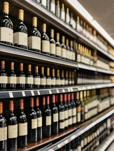 Photo Of Abstract Blur Wine Bottles On Liquor Alcohol Shelves In Supermarket Store Background