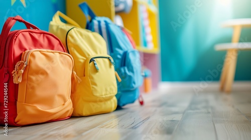 Colourful children schoolbags on wooden floor. Backpacks with school accessories : Generative AI photo