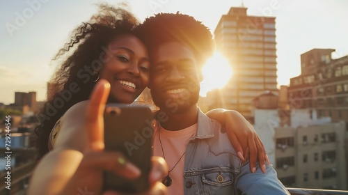 Couple, bonding and phone selfie on city building rooftop on New York summer holiday, travel vacation date or social media memory. Smile, happy or black man and woman on mobile photogr : Generative AI