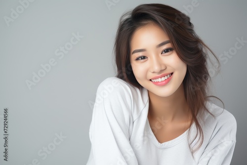 Young Asian woman in serene smile, wearing white relax pajamas against a plain white background. Generative AI.