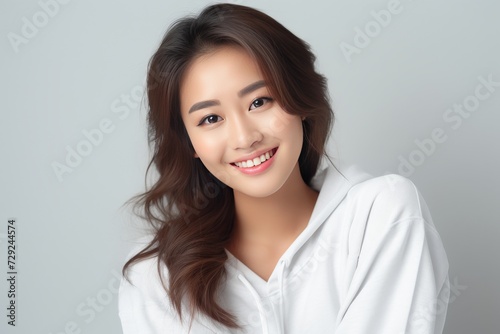 Young Asian woman in serene smile, wearing white relax pajamas against a plain white background. Generative AI.