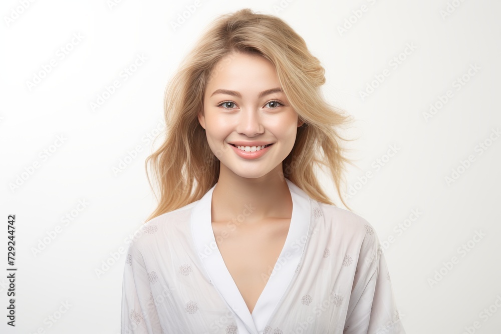 Young Asian woman in serene smile, wearing white relax pajamas against a plain white background. Generative AI. Young Asian woman in serene smile, wearing white relax pajamas against a plain white background. Generative AI.