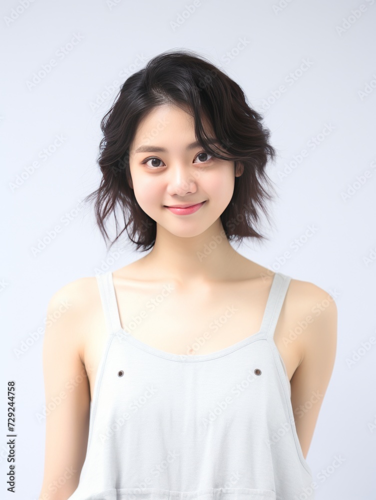 Young Asian woman in serene smile, wearing white relax pajamas against a plain white background. Generative AI. Young Asian woman in serene smile, wearing white relax pajamas against a plain white background. Generative AI.