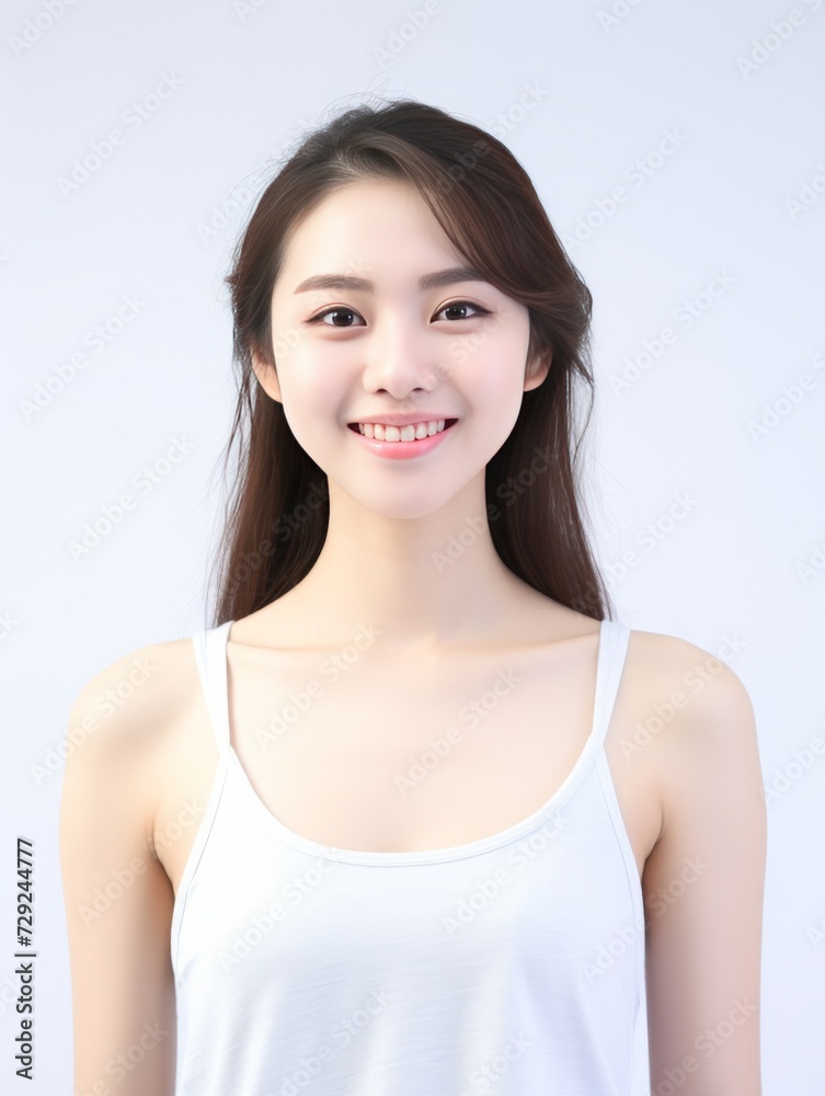 Young Asian woman in serene smile, wearing white relax pajamas against a plain white background. Generative AI.