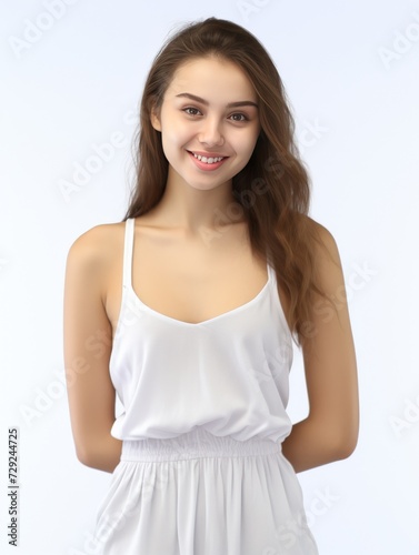 Young Asian woman in serene smile, wearing white relax pajamas against a plain white background. Generative AI.