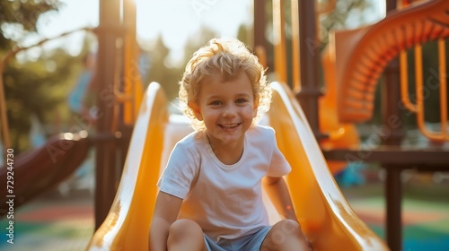 happy preschooler boy playing on a slide on the playground in summer : Generative AI © Generative AI