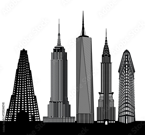 Vector silhouette of the iconic USA skyline, featuring landmarks like the Empire State Building, One World Trade Center, Statue of Liberty, and more, capturing them in stunning detail