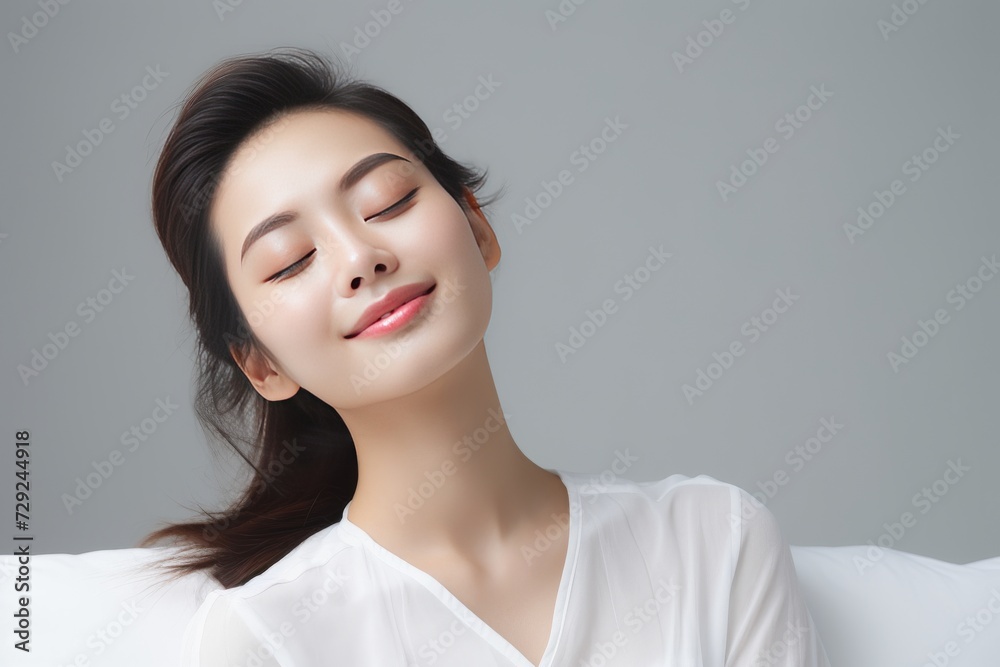 Young Asian woman in serene smile, wearing white relax pajamas against a plain white background. Generative AI. Young Asian woman in serene smile, wearing white relax pajamas against a plain white background. Generative AI.