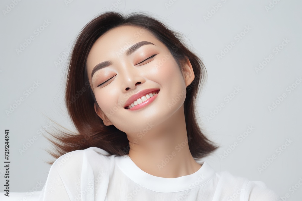 Young Asian woman in serene smile, wearing white relax pajamas against a plain white background. Generative AI. Young Asian woman in serene smile, wearing white relax pajamas against a plain white background. Generative AI.