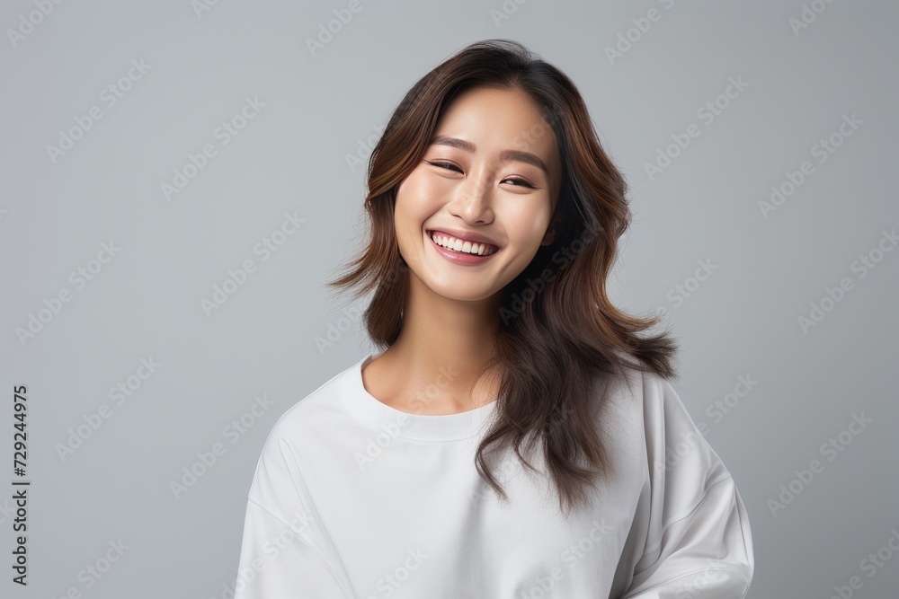 Young Asian woman in serene smile, wearing white relax pajamas against a plain white background. Generative AI. Young Asian woman in serene smile, wearing white relax pajamas against a plain white background. Generative AI.