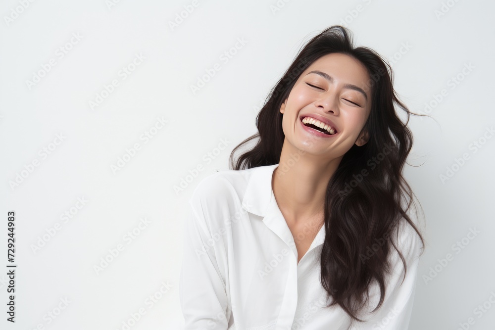 Young Asian woman in serene smile, wearing white relax pajamas against a plain white background. Generative AI. Young Asian woman in serene smile, wearing white relax pajamas against a plain white background. Generative AI.
