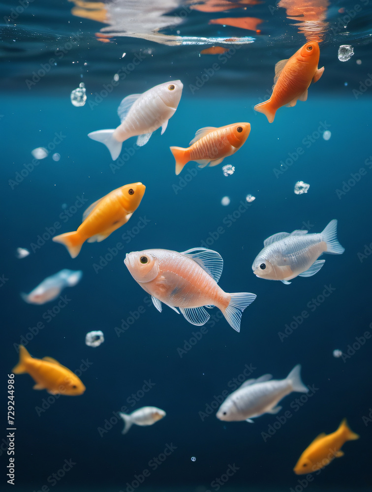 Naklejka premium Photo Of Microplastic Pieces Floating In The Sea, Being Eaten By A Plastic Fish, Ai