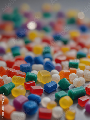 Photo Of Ecofriendly, Biodegradable Plastic Granules In A Variety Of Colors Laying In Lab Table, Plastic Raw Materials