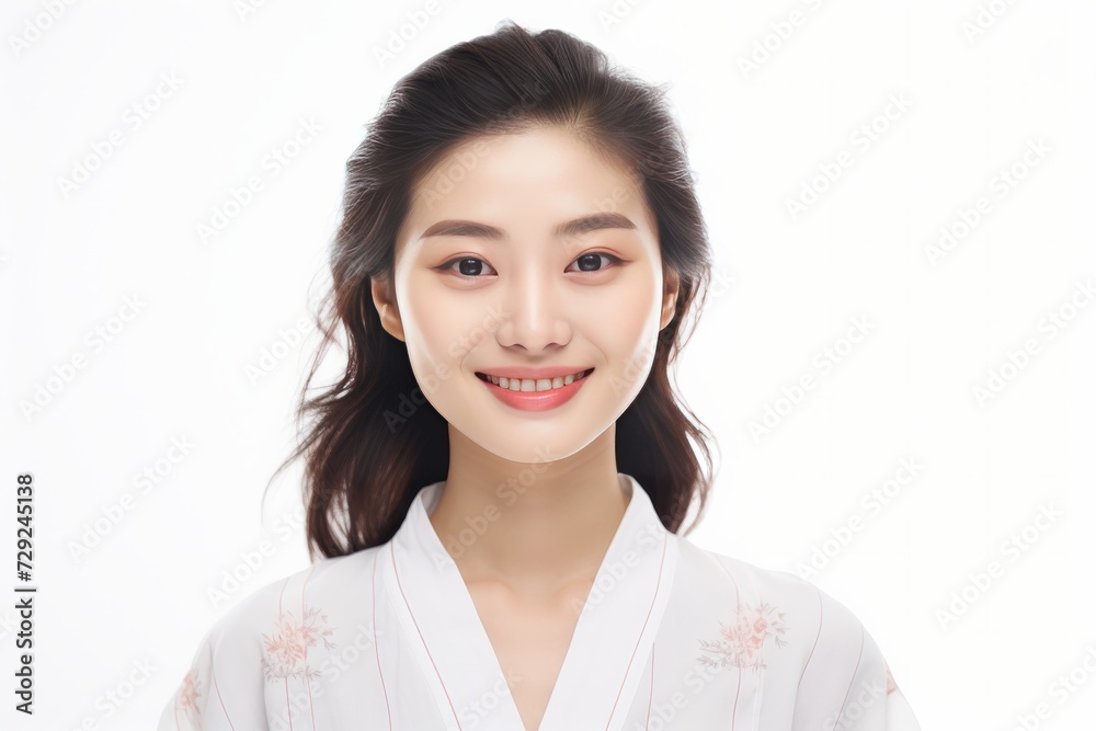 Serene young lady of Asian descent dons comfortable white loungewear, exuding a peaceful expression against a backdrop of pure white. Generative AI. Serene young lady of Asian descent dons comfortable white loungewear, exuding a peaceful expression against a backdrop of pure white. Generative AI.