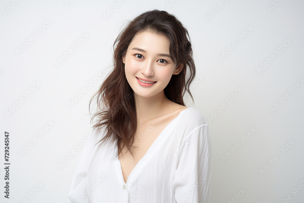 Serene young lady of Asian descent dons comfortable white loungewear, exuding a peaceful expression against a backdrop of pure white. Generative AI. Serene young lady of Asian descent dons comfortable white loungewear, exuding a peaceful expression against a backdrop of pure white. Generative AI.