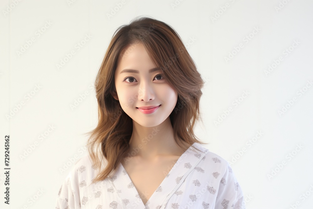 Serene young lady of Asian descent dons comfortable white loungewear, exuding a peaceful expression against a backdrop of pure white. Generative AI. Serene young lady of Asian descent dons comfortable white loungewear, exuding a peaceful expression against a backdrop of pure white. Generative AI.