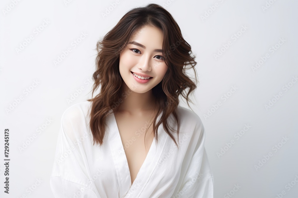Serene young lady of Asian descent dons comfortable white loungewear, exuding a peaceful expression against a backdrop of pure white. Generative AI. Serene young lady of Asian descent dons comfortable white loungewear, exuding a peaceful expression against a backdrop of pure white. Generative AI.