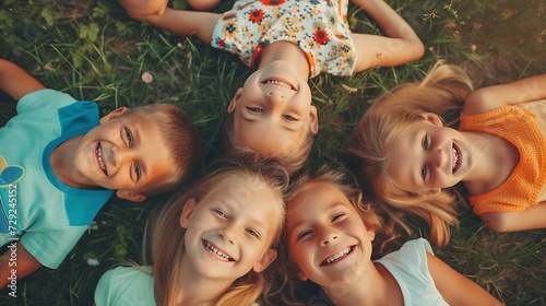 Portrait of cheerful kids lying together on grass at summer camp : Generative AI photo