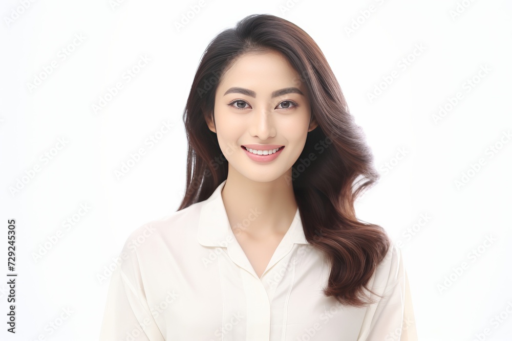 Serene young lady of Asian descent dons comfortable white loungewear, exuding a peaceful expression against a backdrop of pure white. Generative AI. Serene young lady of Asian descent dons comfortable white loungewear, exuding a peaceful expression against a backdrop of pure white. Generative AI.