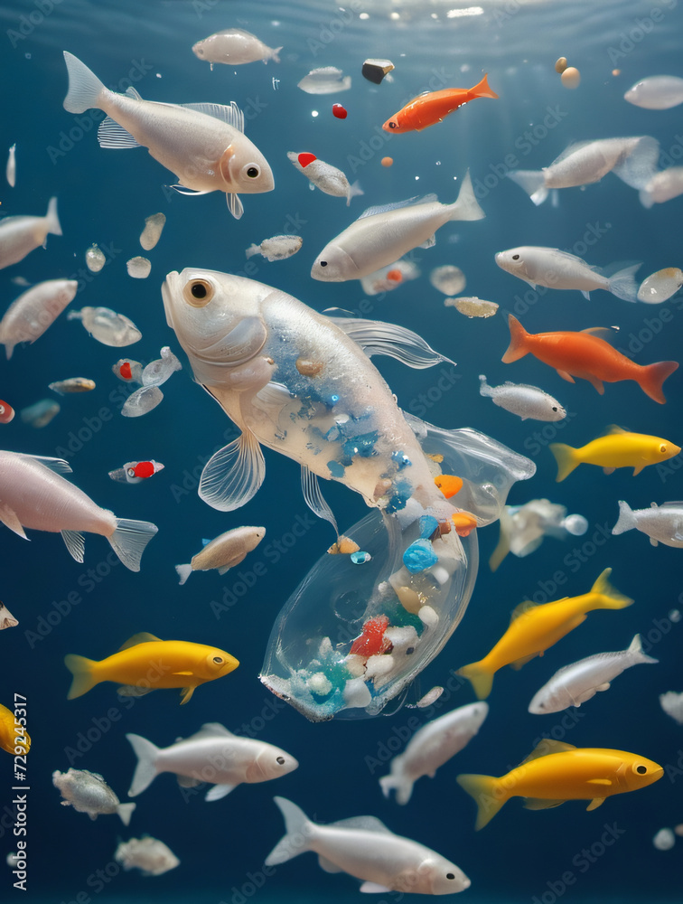 Photo Of Plastic Pollution In The Ocean, Fish Sculpted From Microplastics In Open Water, Environmental Crisis