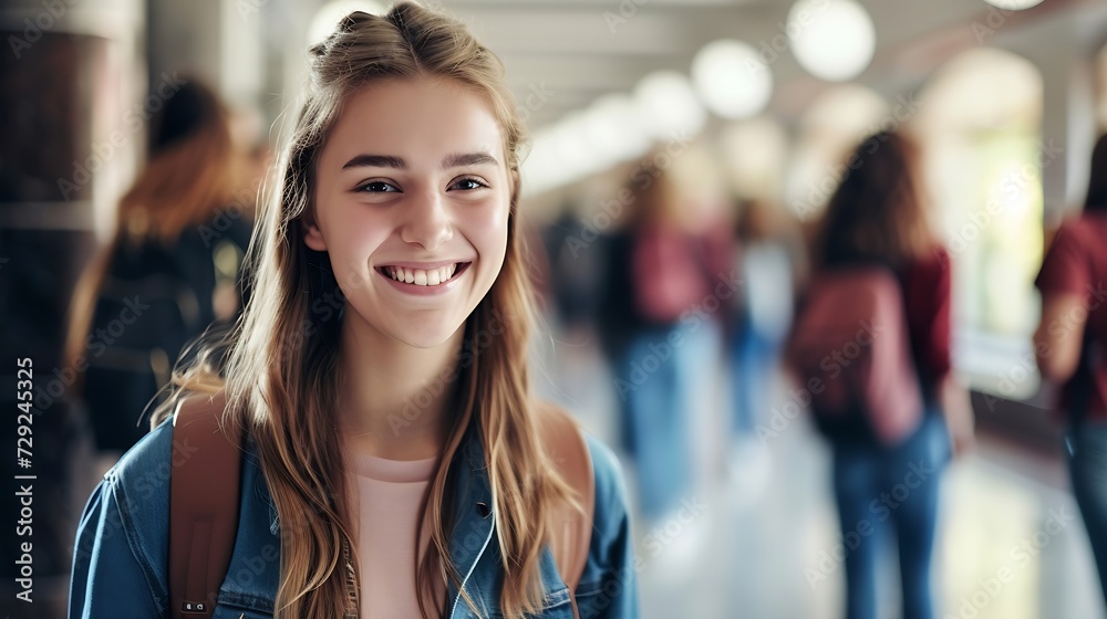Portrait of smiling millennial Caucasian girl with backpack with groupmates in college or university. Happy young female schoolgirl satisfied with school course or training. Education  : Generative AI