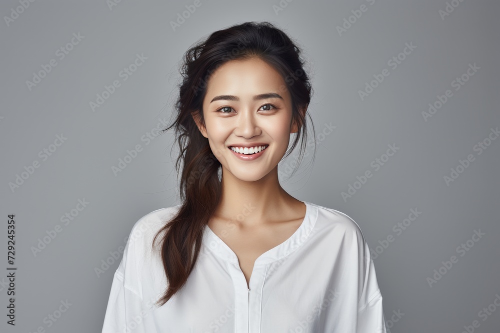 Serene young lady of Asian descent dons comfortable white loungewear, exuding a peaceful expression against a backdrop of pure white. Generative AI. Serene young lady of Asian descent dons comfortable white loungewear, exuding a peaceful expression against a backdrop of pure white. Generative AI.