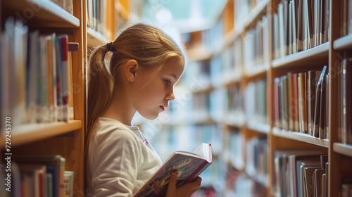 Schoolgirl choosing book in school library. Smart girl selecting literature for reading. Books on shelves in bookstore. Learning from books. School education. Benefits of everyday read : Generative AI