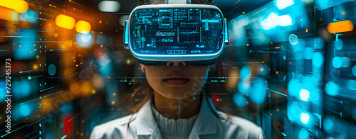 A female doctor wearing virtual reality glasses where the word "diagnosis" is seen
