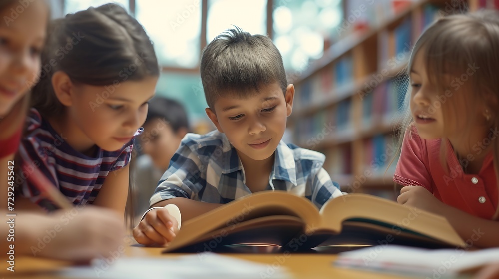 Education, books or students reading in a library for group learning development or growth. Storytelling, kids or happy children talking together for knowledge on funny fantasy stories : Generative AI Education, books or students reading in a library for group learning development or growth. Storytelling, kids or happy children talking together for knowledge on funny fantasy stories : Generative AI