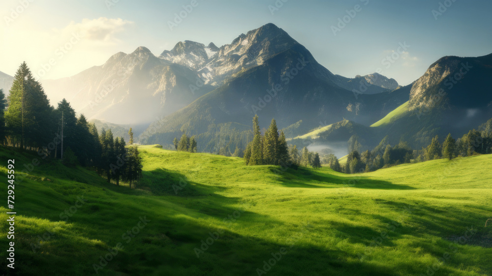 Obraz premium Very beautiful mountain and natural views in the morning, with nice green grass