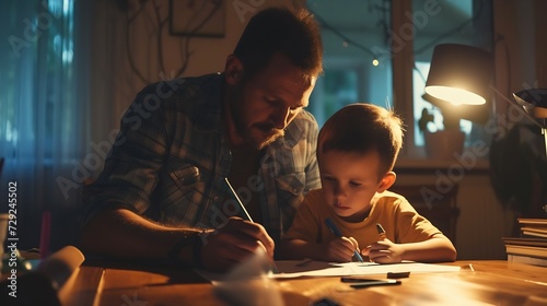 Mature father with small son sitting at table indoors, making homework. : Generative AI photo
