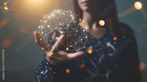 Woman hand holding global network connection. Internet communication, Wireless connection technology. Futuristic technology with polygonal shapes. : Generative AI photo