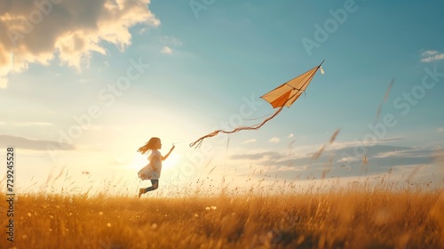 happy child girl with a kite running on meadow in summer in nature : Generative AI
