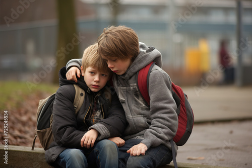 Boy comforting upset sad school mate or younger brother on the city street.