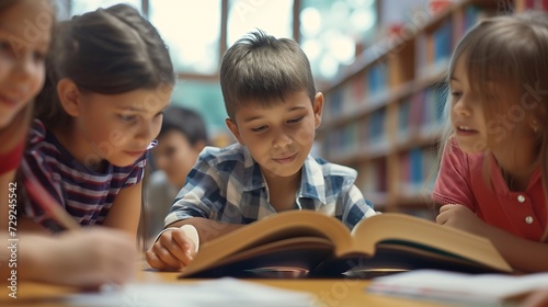 Education, books or students reading in a library for group learning development or growth. Storytelling, kids or happy children talking together for knowledge on funny fantasy stories : Generative AI