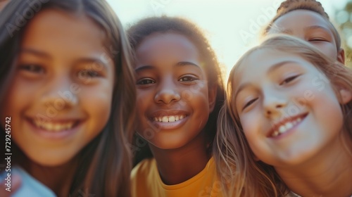 Close up of pre-teen friends in a park smiling to camera : Generative AI