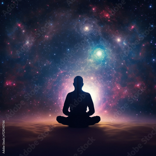 A meditating human silhouette in yoga lotus pose. Galaxy universe background. © Wararat