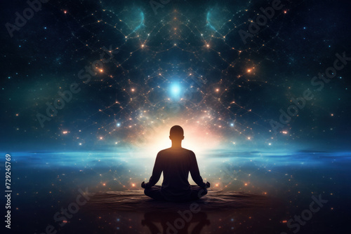 A meditating human silhouette in yoga lotus pose. Galaxy universe background. photo